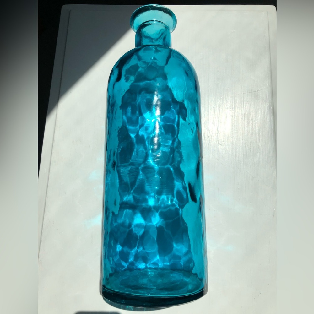 Vintage Iridescent Blue Glass Vase With Bubbles & Spring Faux Cherry Branches